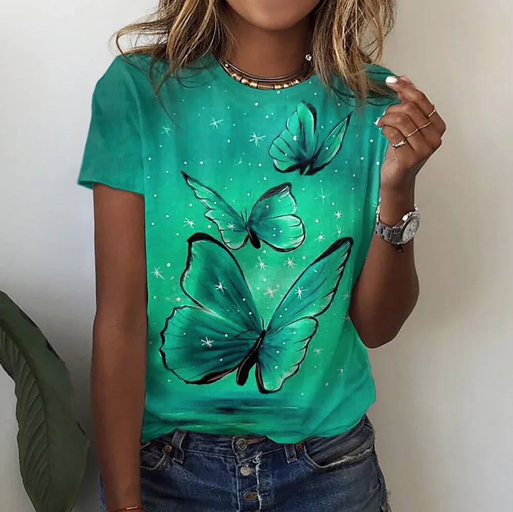 

3D Printing Butterfly Pattern Short Sleeve Fashion Blouse Women Clothing Casual Style Summer Daily T-Shirt Crew Neck Top