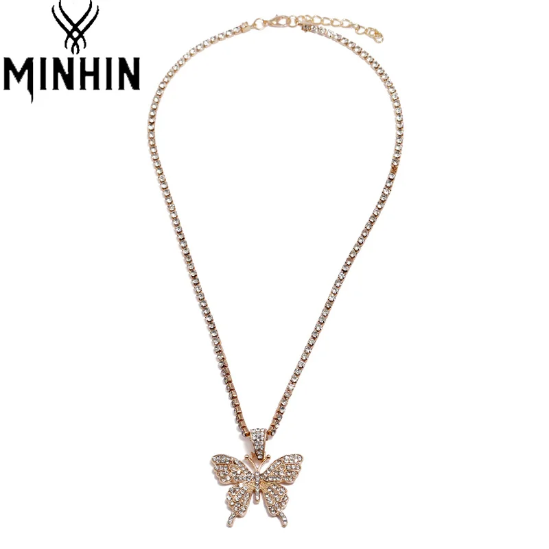 

MINHIN Full Crystal Butterfly Necklaces for Women Girls Gold Color Pendant Necklace Geometric Tennis Link Chain Metal Jewelry
