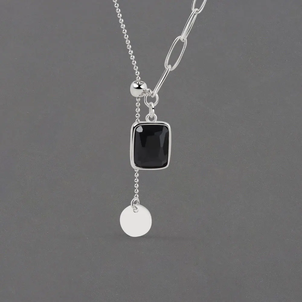 

925 Sterling Silver Geometry Necklace for Women Black Stone Tassel Shape Chain Chocker Necklaces Trendy Party Fine Jelwery Gift