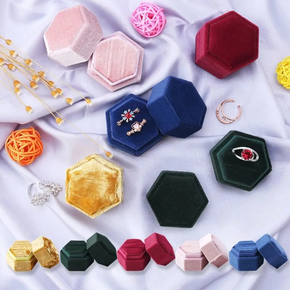 

Exquisite Hexagon Shape Colorful Double Ring Storage Box Ring Display Box Earrings Storage Box Velvet Jewelry Box