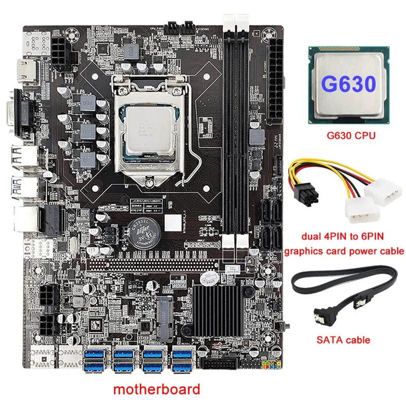 B75 8 Card BTC Mining Motherboard+G630 CPU+4PIN To 6PIN Power Cable+SATA Cable 8 USB3.0(PCIE) LGA1155 DDR3 RAM SATA3.0