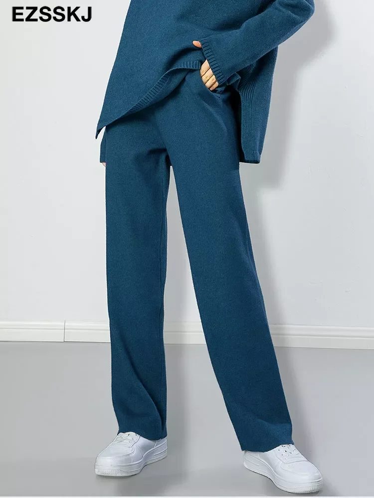 

Women Elastic Waist HIGH Quality wide lege Trousers Thick Knitted Autumn Winter Sport pants sweater Knitted cashmere pants