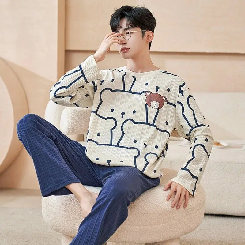 Large size long sleeve pajamas men's autumn and winter thin plus extra large size 300 pounds cardigan fat guy teen loungewear