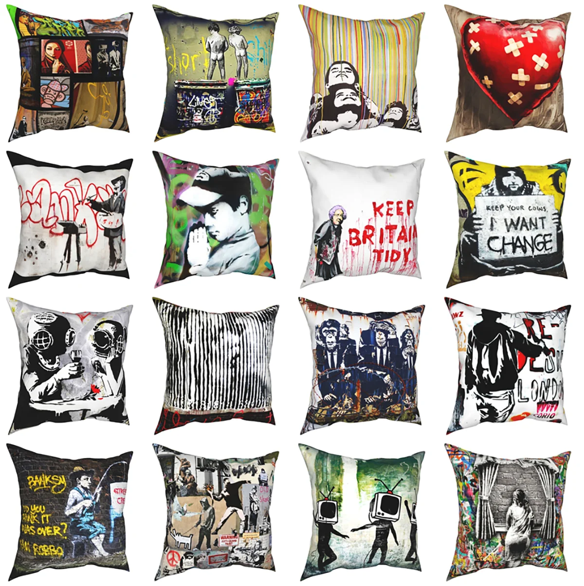 

Banksy Street Graffiti Art Pillowcase Cushion Cover Decoration Spray Paint Commentary Throw Pillow Case Cover Bedroom 45*45cm