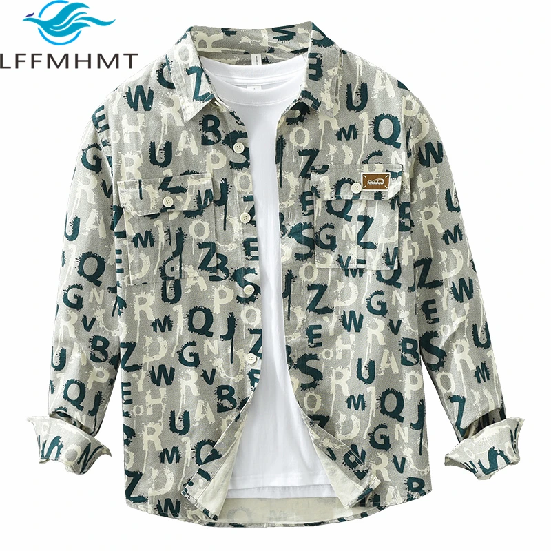 Мужская винтажная рубашка с буквенным принтом Повседневная Удобная