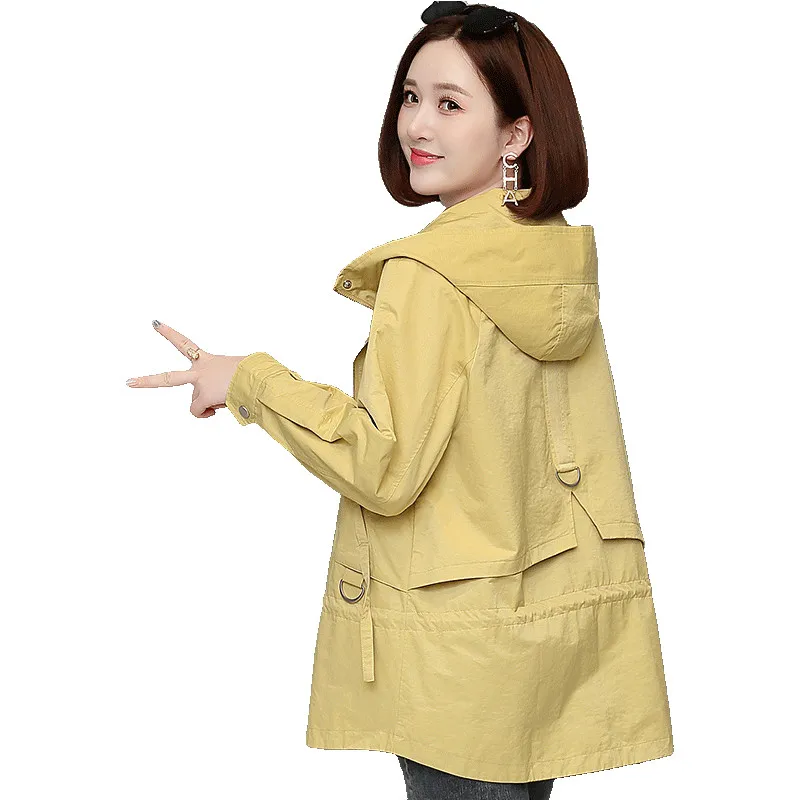 

2023 New Spring And Autumn Windbreaker Women's Middle-Aged Mother's Loose And Thin Coat Korean Lining Trench Hooded 3XL