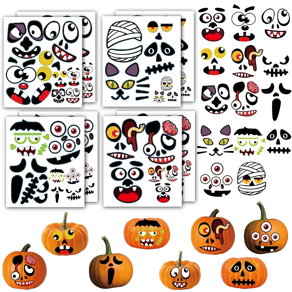 

8 Sheet Stickers for Halloween Pumpkin Face DIY Pumpkin Lantern for Kids Decoration Craft Toddlers Halloween Trick or Treat Toy