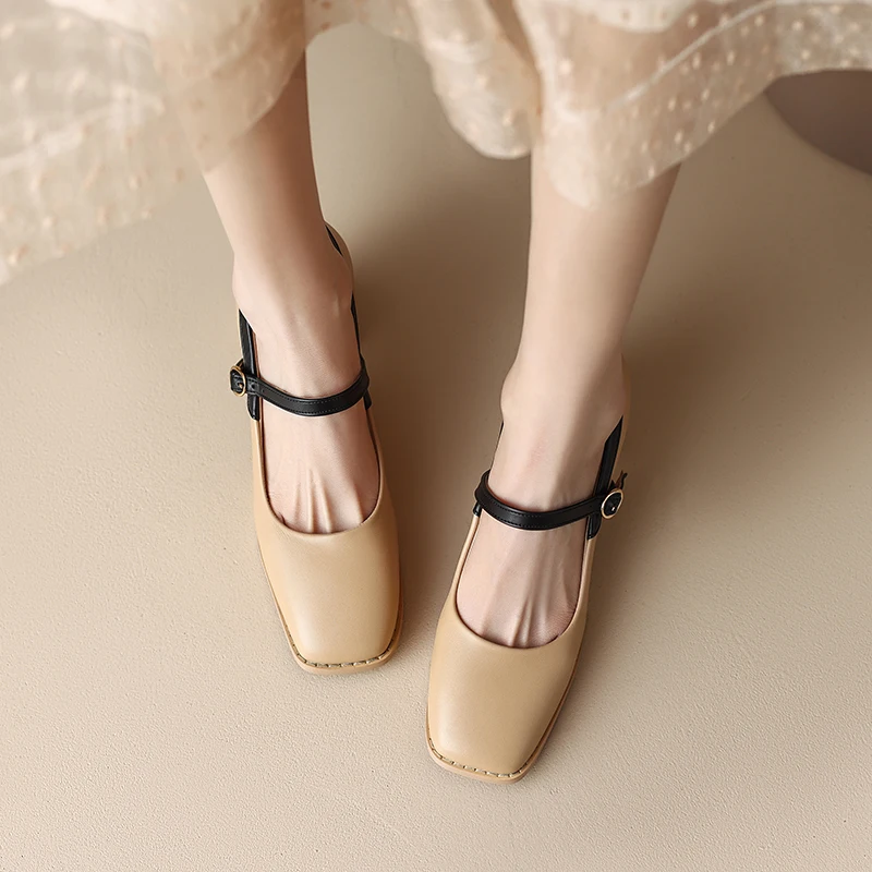 32-43 large size spring and autumn square head women's shoes cow leather thin belt buckle high heel thick heel women's shoes