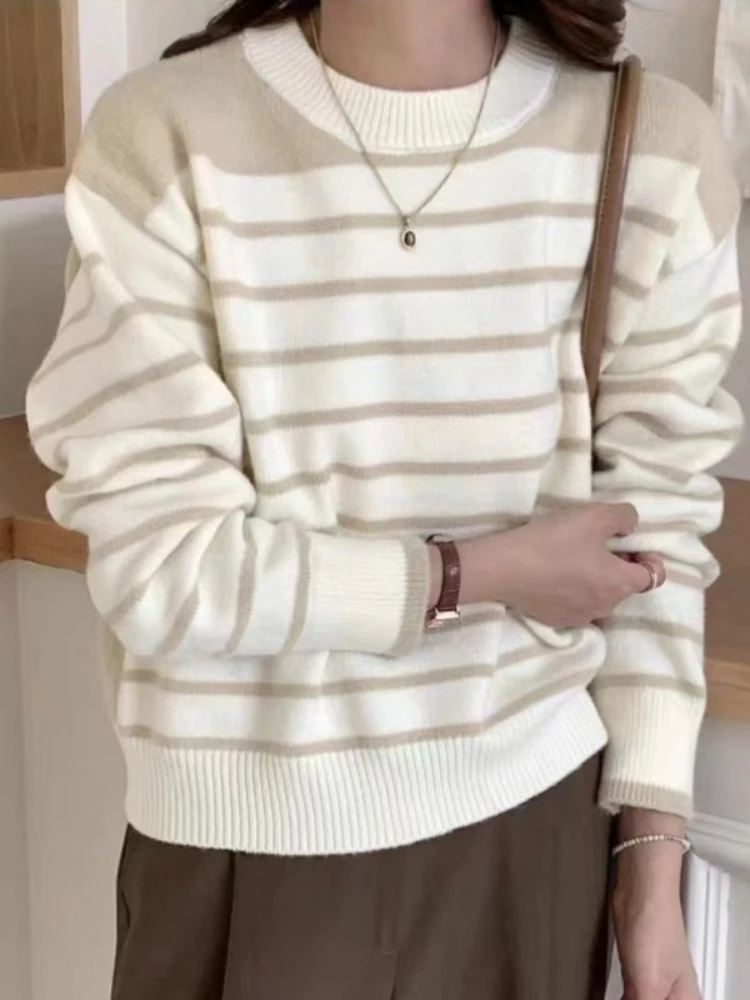 

Женский свободный трикотажный пуловер в полоску, повседневный джемпер с круглым вырезом, зима 2023