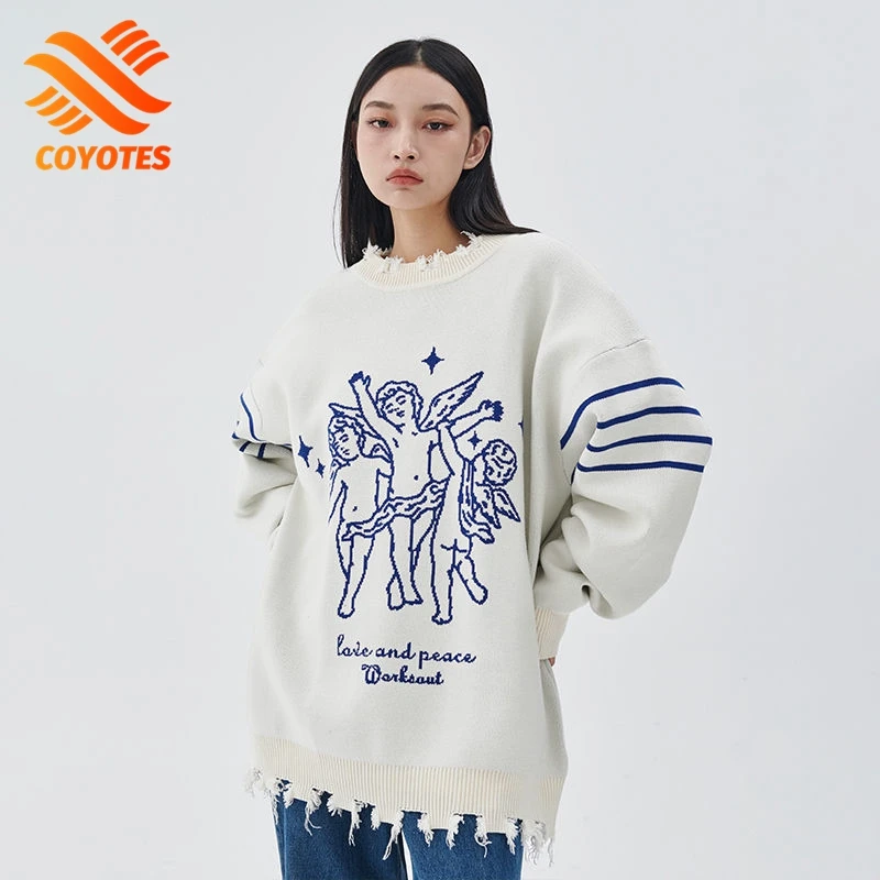 

COYOTES Men Women's Sweater Vintage High Street Irregular Ripped Angel Pullover Winter Loose Fashion Knit Jumper Long Sleeve Top