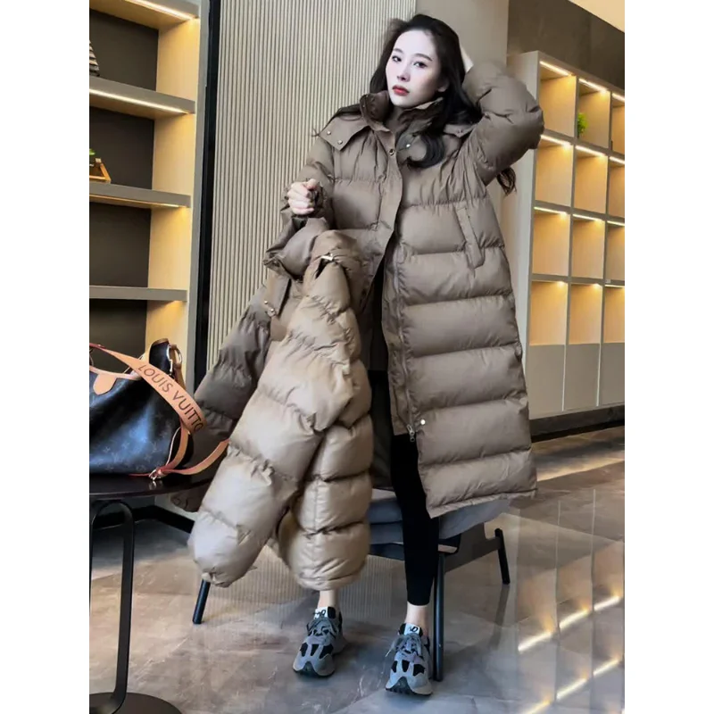 Women Warm Duck Feather Down Female Hooded Puffer Coat Bubble Outwear Down Parka Mid Length Black Jacket Baggy Winter Waterproof