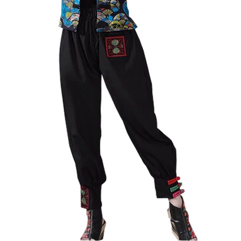 and hemp embroidered broad-legged pants of Baoyou ethnic breeze trousers, Chinese breeze pants with loose buttons and lanterns