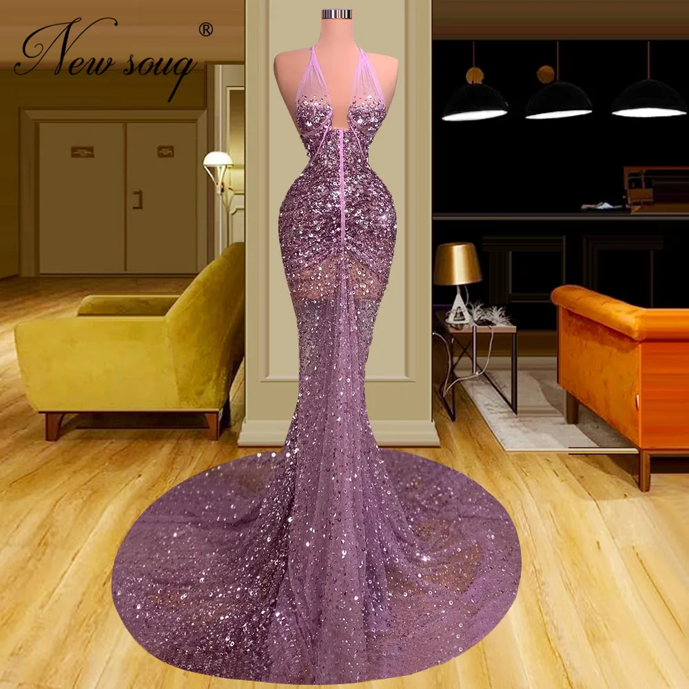 

2 Designs Purple Halter Evening Dresses Plus Size Turkish Long Sequins Celebrity Pageant Dress Beads Prom Gown Vestidos De Mujer