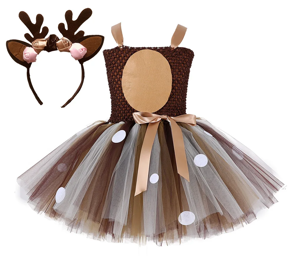 

KEAIYOUHUO New Children's Role-Playing Animal Suit Cartoon Fawn Elk Headband Set Christmas Halloween Cosplay Tutu Dress 5 Years