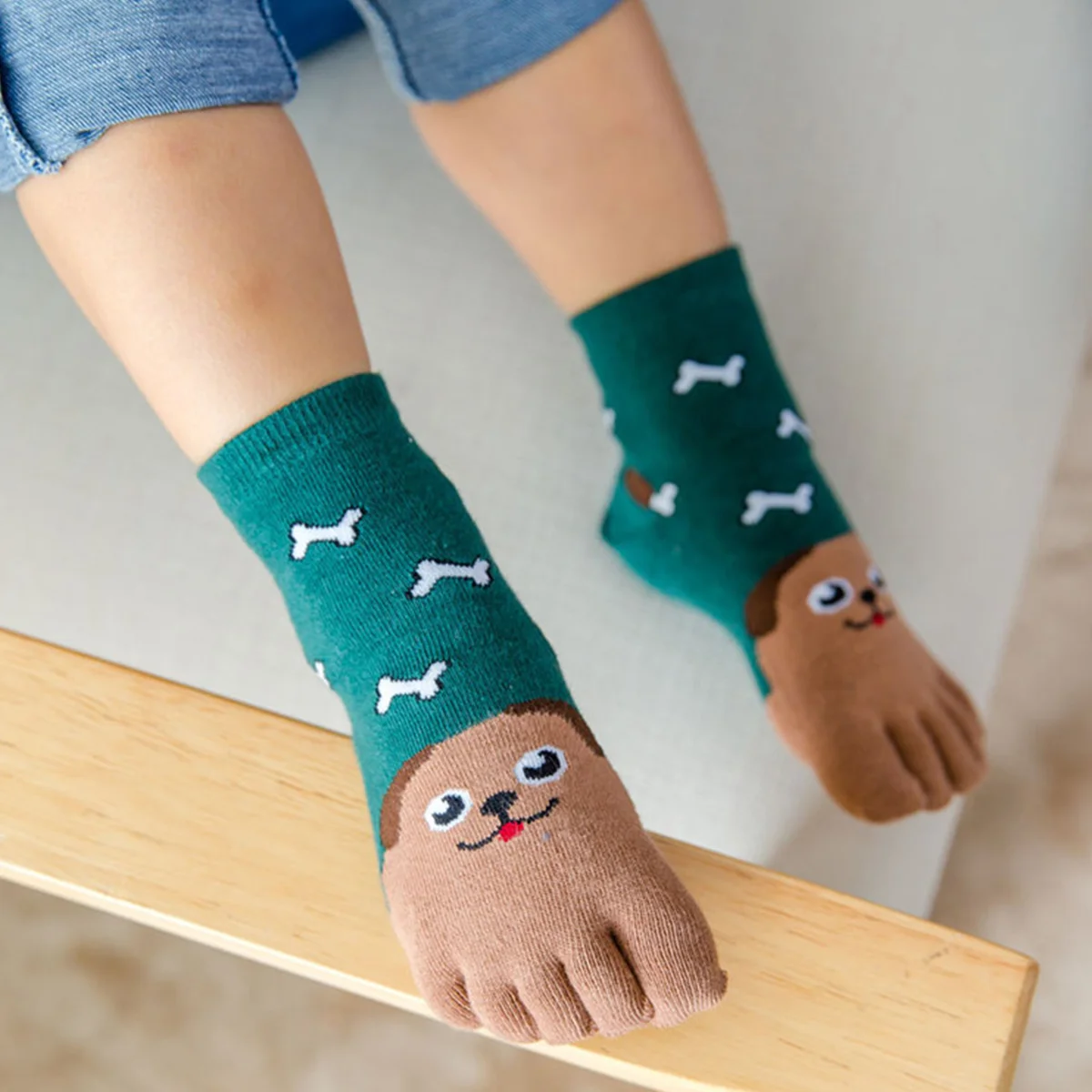 

1Pair Children's Cotton Five-toe Socks Boys and Girls Baby Four Seasons Tube Cartoon Embroidery Animal Puppy Licking Bone