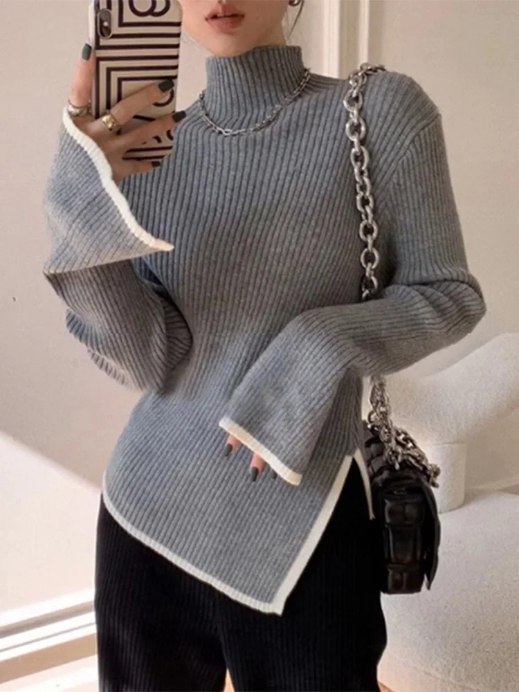 

Slim Woman Sweater Pullover Long Sleeve Jumper Autumn Winter Side Slit Elegant Chic Knitted Top Office Lady Women Swearters