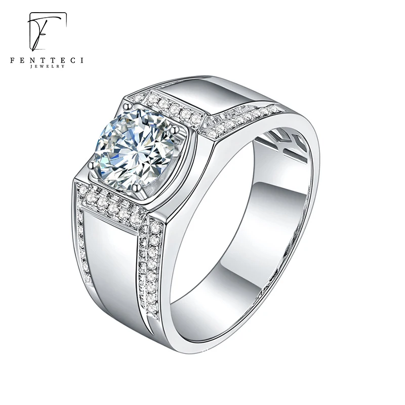 FENTTECI 925 Sterling Silver D Color Moissanite Men's Ring Simple 4 Prongs Fashion Domineering 1ct Men's Wedding Engagement Ring