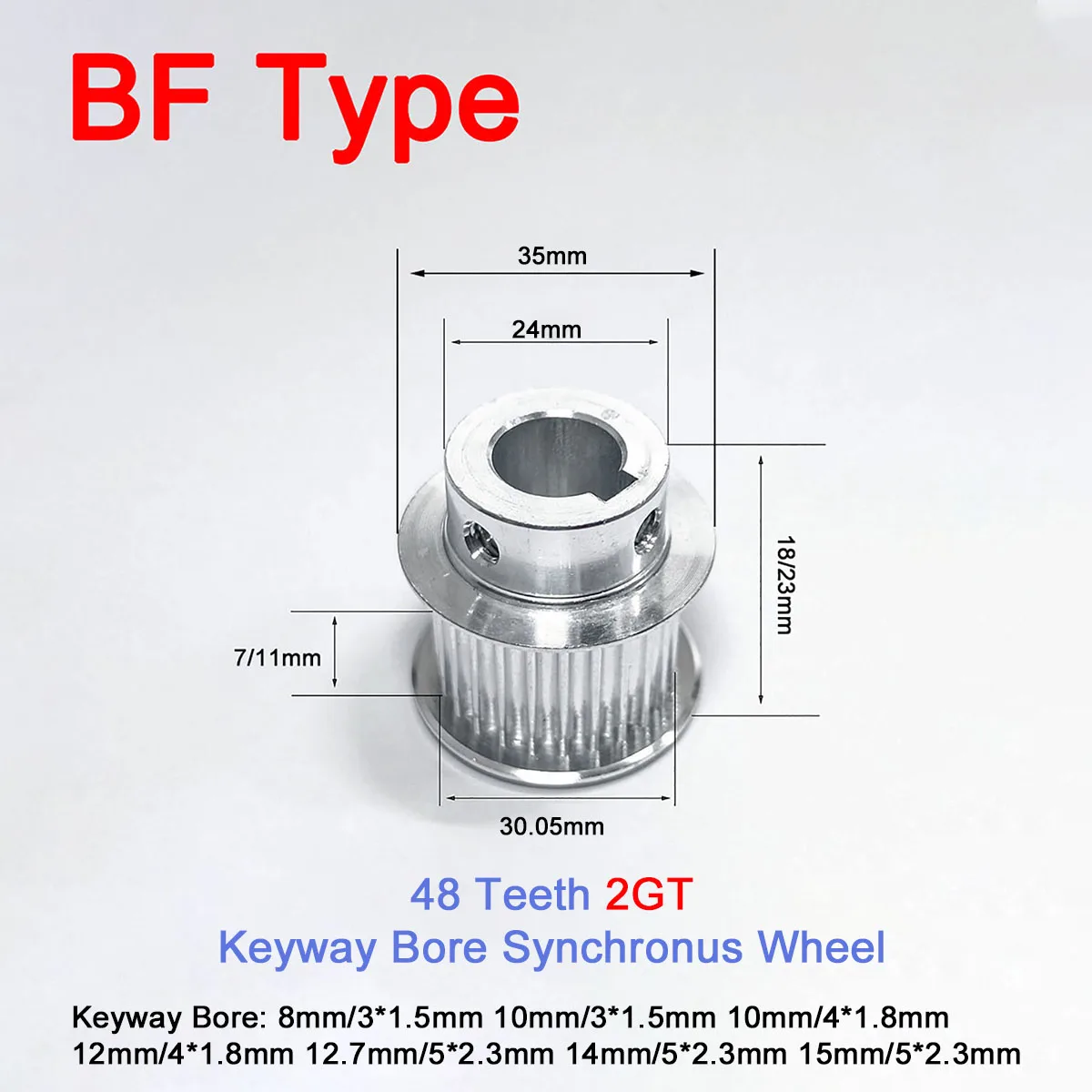 

1Pc 48 Teeth 2GT Timing Pulley BF Type Bore 8/10/12/12.7/14/15mm Keyway Synchronous Wheel Width 7/11mm Aluminium Idler Pulley