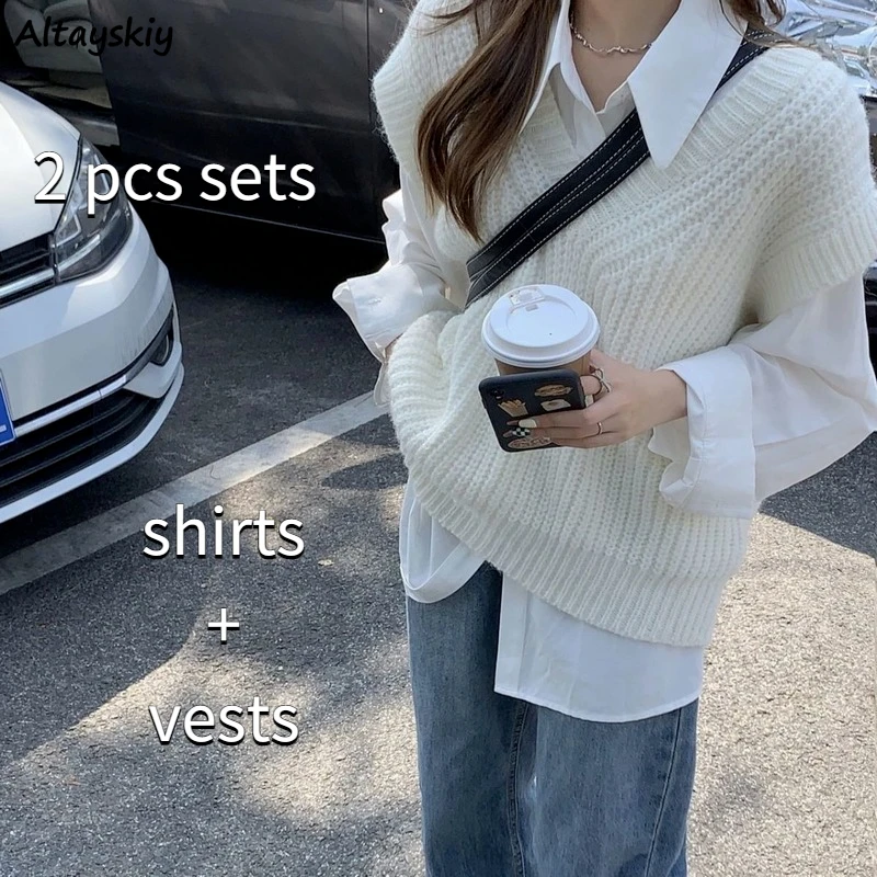 

Women Sets Spring Preppy Style Simple All-match Hot Sale Shirts + Sweater Vests 2 Piece Loose Casual Fashion Chic Ins Young Girl