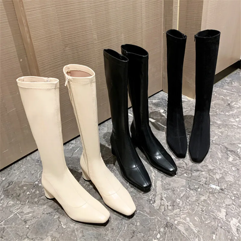 

2022 Autumn Boots Women Boots Square Toe Chunky Heel Shoes High Heel Shoe for Women Casual Boots Slim Stretch Boots Knee- Boots