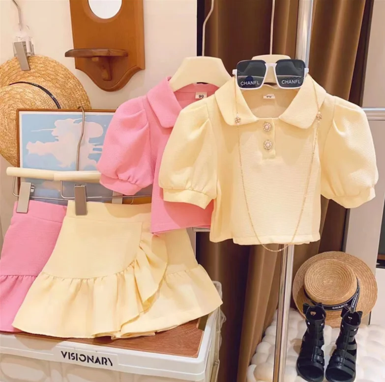 

Розничная продажа, новинка 2023, летние модные повседневные комплекты для маленьких девочек, футболка-поло + юбка, костюмы принцессы