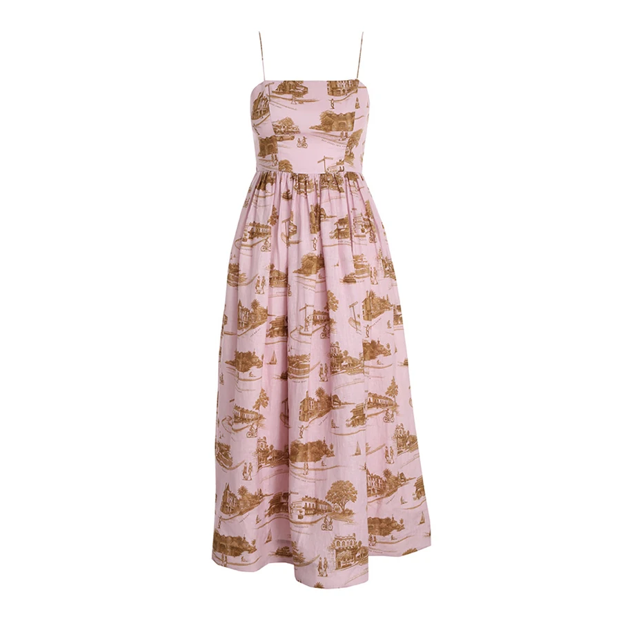 

Summer Pink Dress 2022 Female Elegant Slip Dresses for Women Party Casual Maxi Dress Vintage Building Print Slim Fit Nightclub
