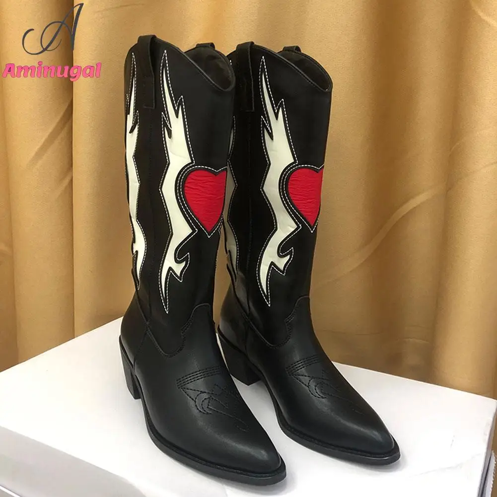 Cowboy Western Boots Love Heart Mid Calf Boots For Women 2023 Cute Cowgirls Chunky Heel Vintage Fashion Punk Western Boots Women