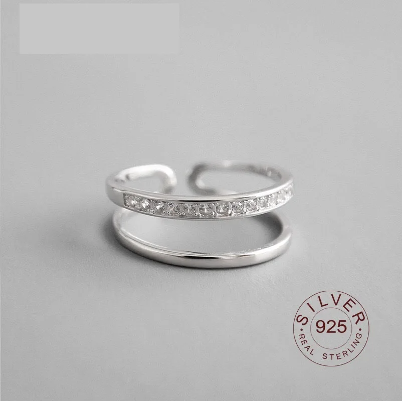 

Smooth Face 925 Sterling Silver Open Rings Double Layer zircon Adjustable Finger Rings Korea Style Silver Jewelry New Year Gift