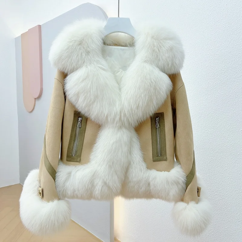 

New Women Fox Fur Coats White Duck Down Lined Jackets Fox Fur Collars Winter Warm Fur Clothing Overcoats Outwear