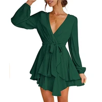 2022 fashion new womens autumn and winter sexy v neck ruffles tie up long sleeved solid color dress casual a line mini skirt