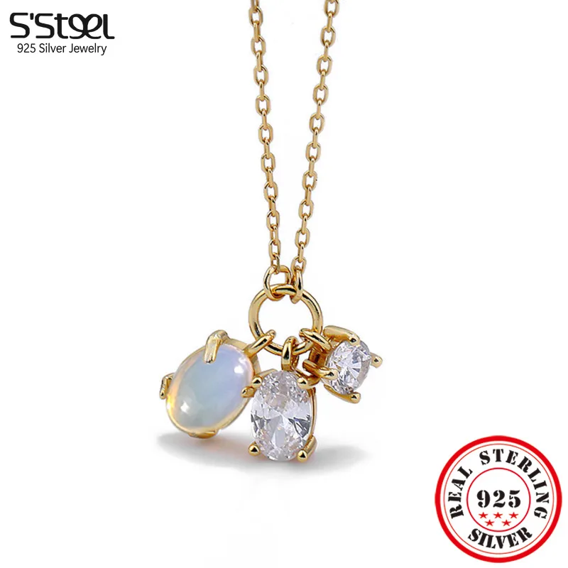 

S'STEEL 925 Sterling Silver Zircon Moonstone pendant necklace for women gold chains aesthetic luxury promise acessorios jewelry