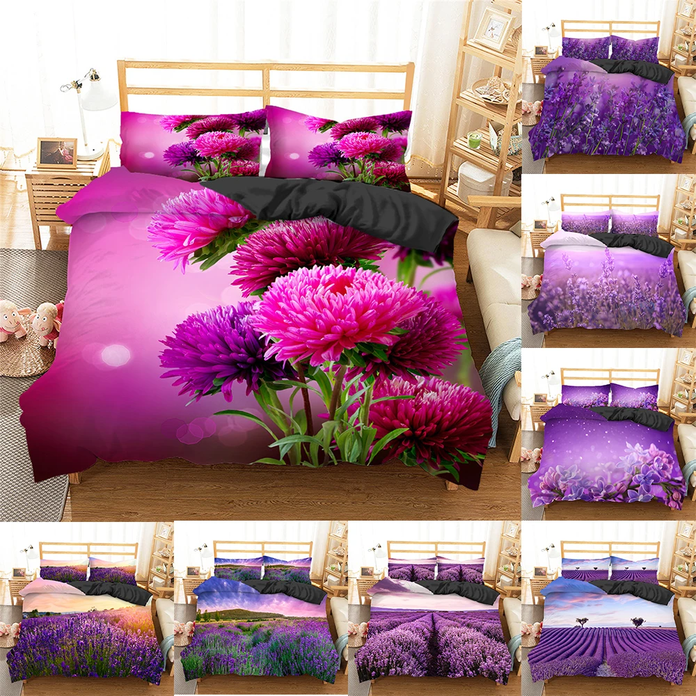 

3d Purple Bedding Set with Pillowcase Queen King Size Lavender Flowers Duvet Cover Set for Bedroom Soft Twin Full Single Double