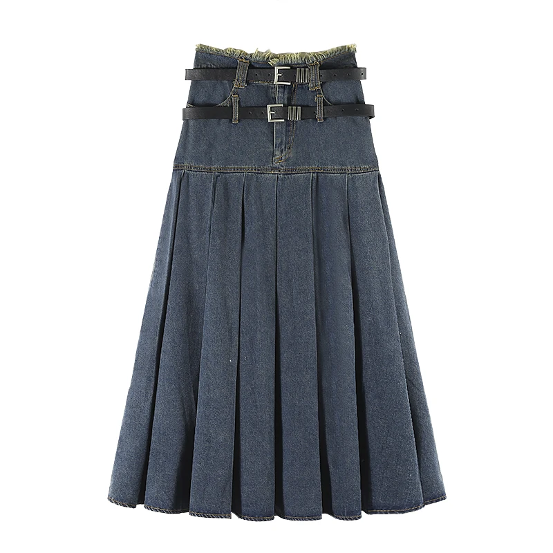 

Женская джинсовая юбка с высокой талией, длинная Плиссированная Юбка-баллон с двумя кожаными ремнями, в стиле гранж 90-х, уличная одежда в Корейском стиле, 2023