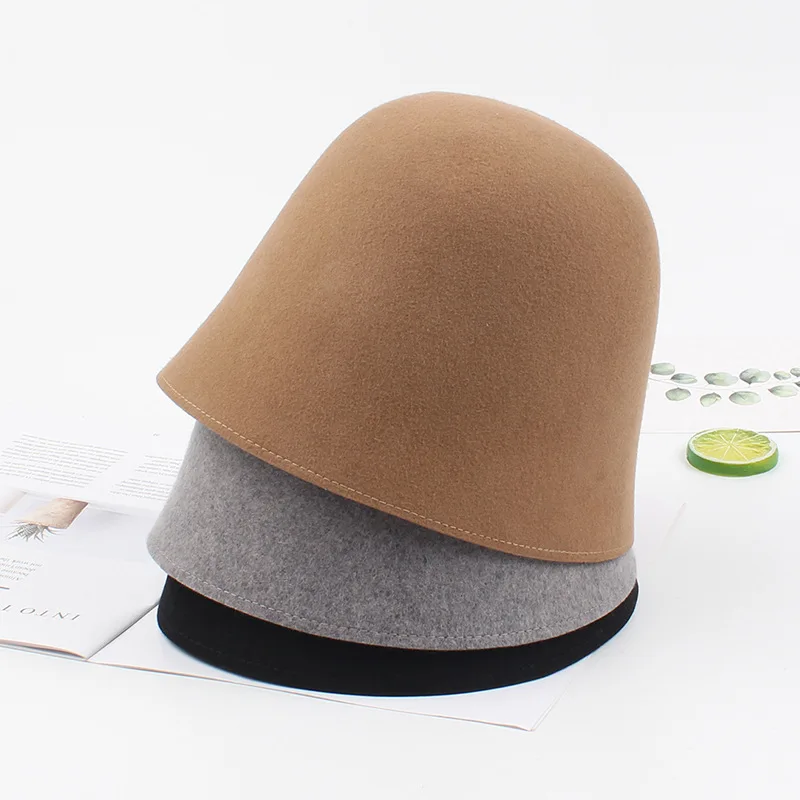 

Personality Autumn Winter Wool Felt Hat Women Solid Color Cone Cloche Hood Millinery Bucket Hat Fashion Female Trilby