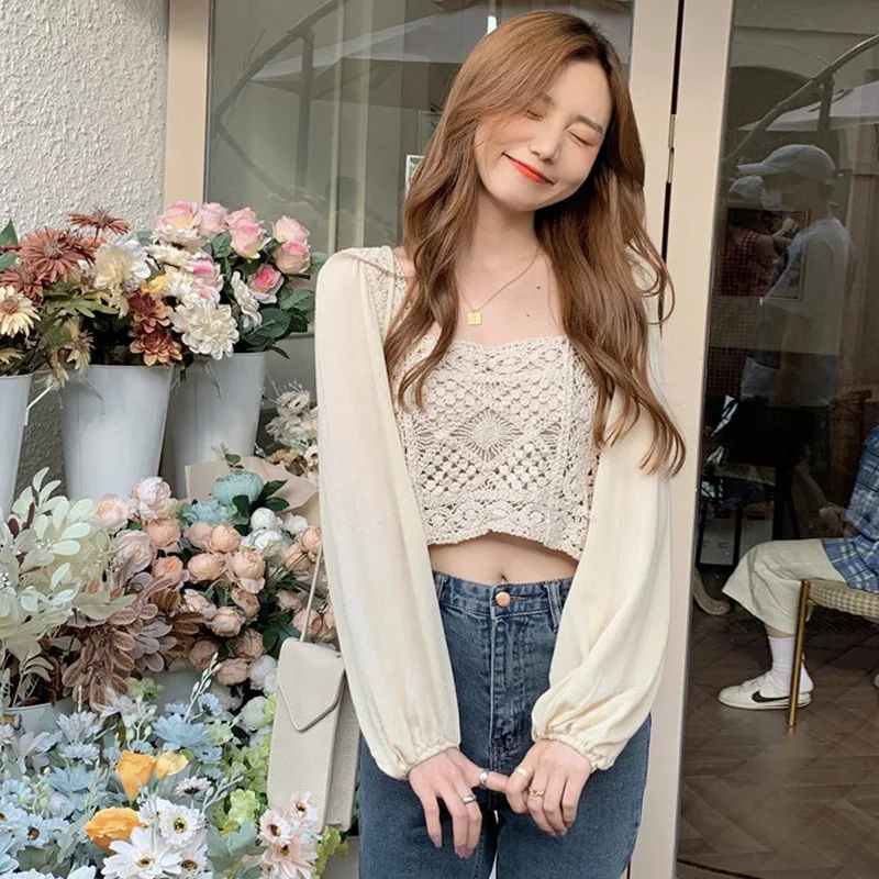 Женская шифоновая куртка без подкладки с длинным рукавом и кружевом - купить по