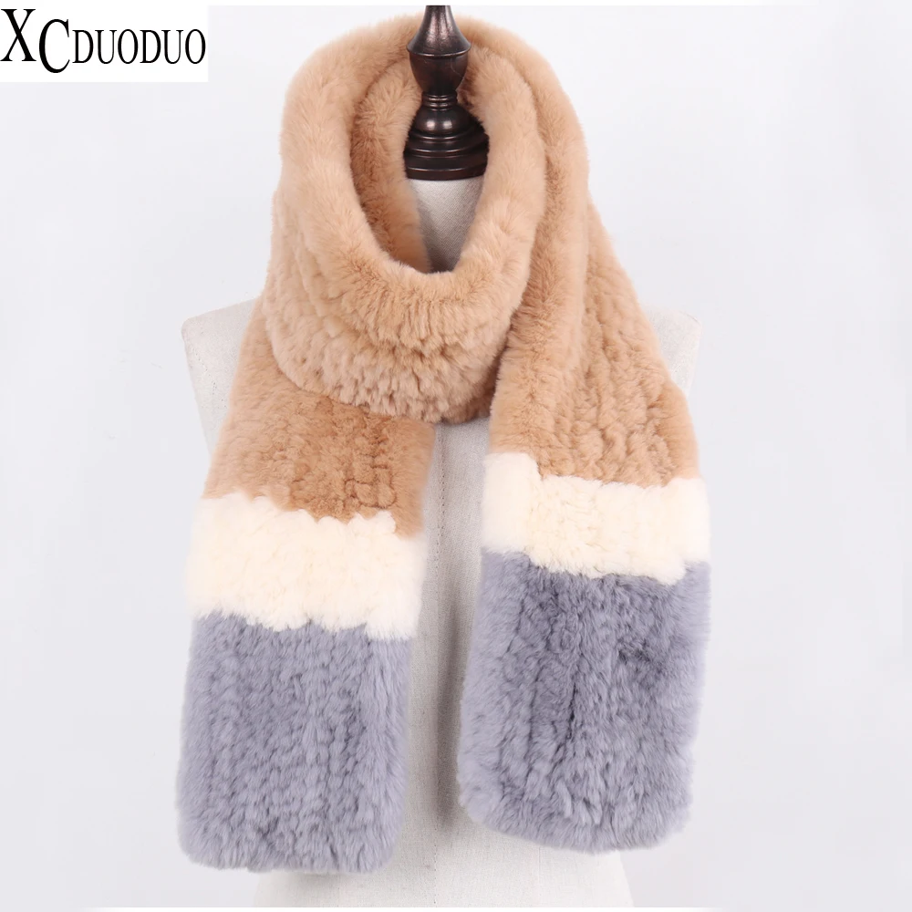 

Long Style 100% Natural Rex Rabbit Fur Scarf Women Luxurious Knit Real Fur Scarves Girls Thick Warm Winter Handmade Fur Mufflers