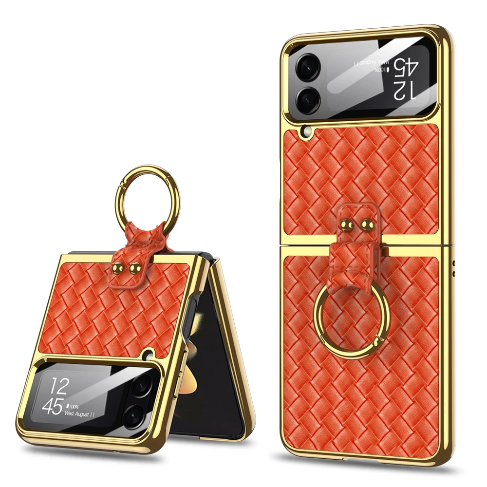 

Luxury Plating Weave PU Leather Case Stand for Samsung Galaxy Z Flip 4 5G Hard Cover with Ring Bracket for Samsung Z Flip4 Case