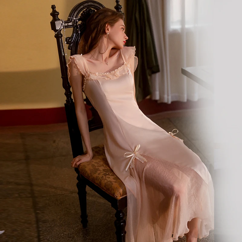 Sexy Mousse Sexy Nightdress Lingerie for Women Satin Breathable V-Neck Backless Sleepwear Home Clothes Suit Sweet Long Skirt