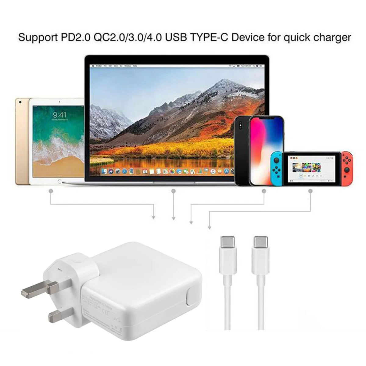 

Replacement Power Adapter 61W USB C Charger For MacBook Pro 13 /12 Inch, USB-C to USB-C Charge Cable (6.6ft/2m)