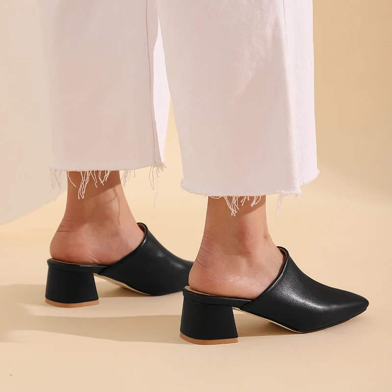 Big Size Summer Women Mules White Black Square Toe Medium Block Heels Pumps Comfortable Party Club Leisure Lady Slip-on Slippers