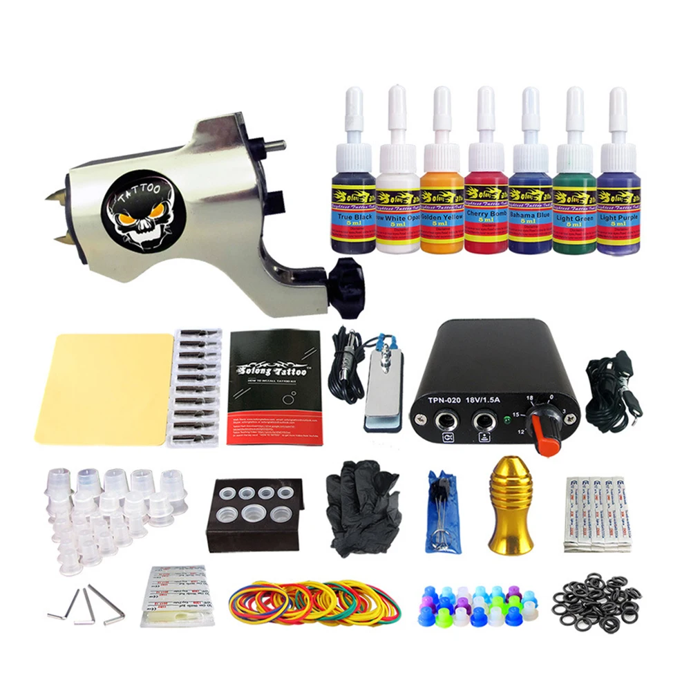 Pinkiou Cosmetics Tattoo Set with 1 Rotary Tattoo Machine 7 Colors Ink Complete Tattoo Kit With Tattoo needles Power Supply