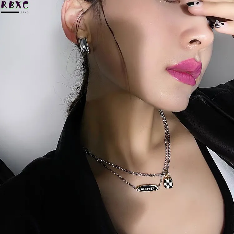 

Titanium Steel Double-layer Checkerboard Pendant Collarbone Chain Necklace Punk Fashion Simple Overlay Female Trendsetter