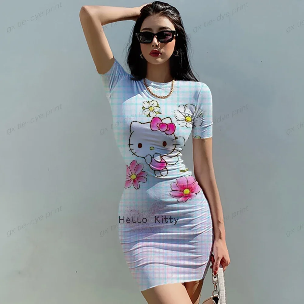 Summer Women's New Korean Temperament HELLO KITTY Print Dress Section Short-sleeved Waist Tight Sexy Bag Hip