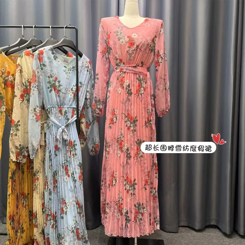 

0551# 2023 summer hot style tall super long floral dress with neck scarf chiffon holiday dress female elegant casual loose dress