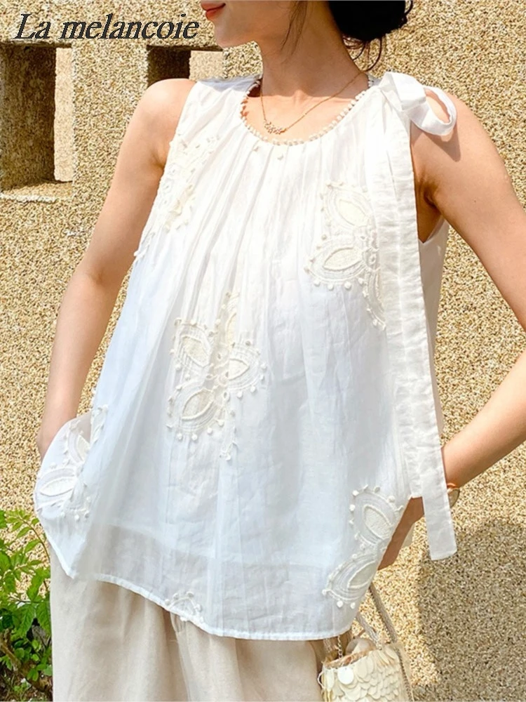 Блузка женская с цветочной вышивкой элегантный Шикарный белый топ без рукавов