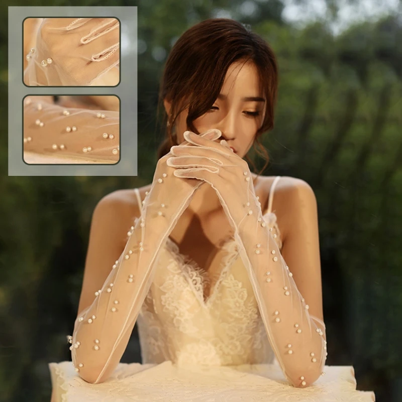 

Свадебные перчатки длиной до локтя, прозрачный длинный белый тюль с жемчугом, свадебная модель для женщин и девушек, для чайной вечеринки, в...