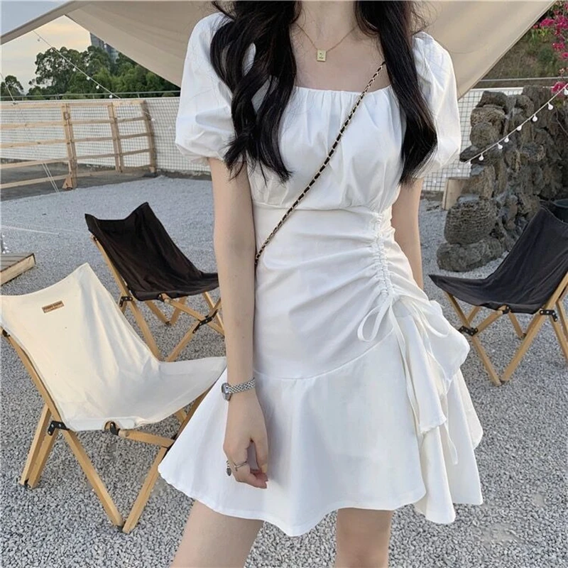 

Puff Sleeve White Dress Woman Clothes Summer 2022 New Fashion Elegant Square Collar Mini Dress With Drawstring