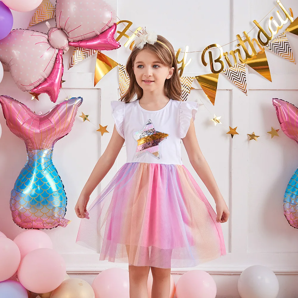 

Sequin Pentagram Mesh Princess Dress Sequins Short Sleeve Autumn Kids Birthday Party Wedding Tulle Dresses Children Clothing