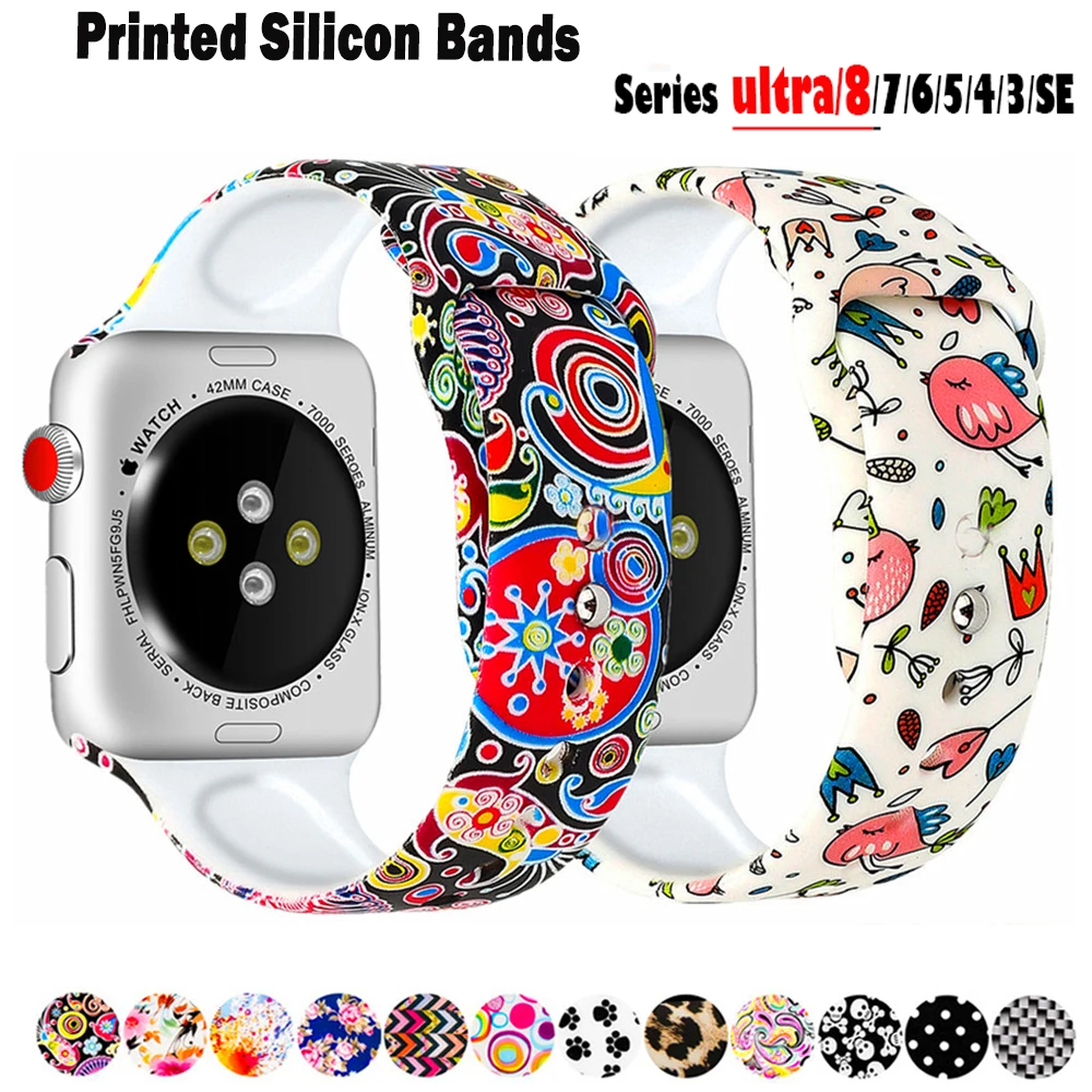 

Printed band For Apple Watch ultra 49mm series 8 7 41mm 45mm44mm 40mm 42mm 38mm silicone sport bracelet iwatch 6 5 4 3 Se strap
