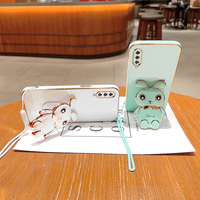 

Luxury Plating Square Rabbit Miror Makeup Astronaut Phone Holder Silicon Phone Case On For Samsung Galaxy A50 A30s A50s 50 Cover